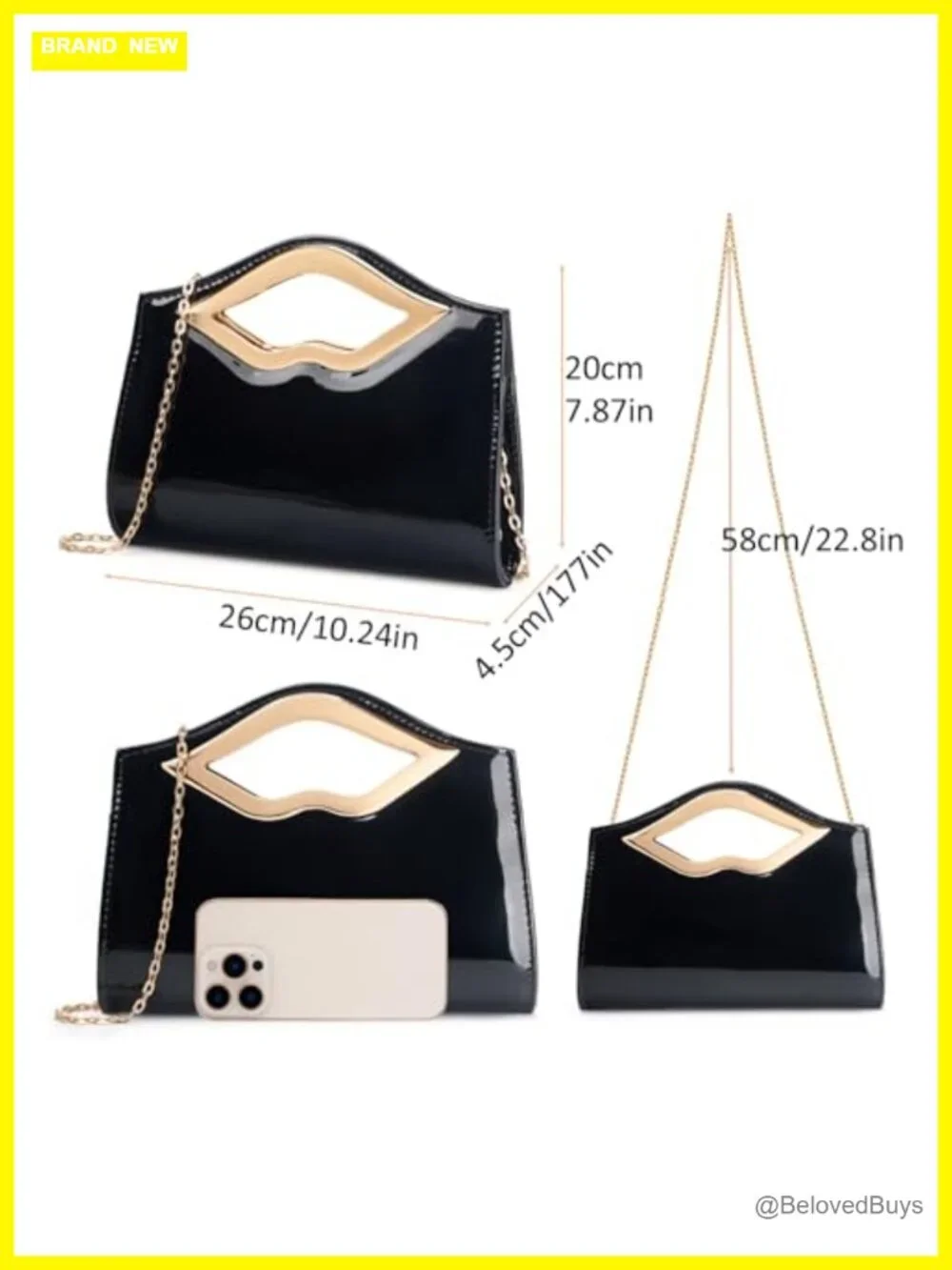 Vegan Leather Lip Handle Evening Clutch 3-in-1